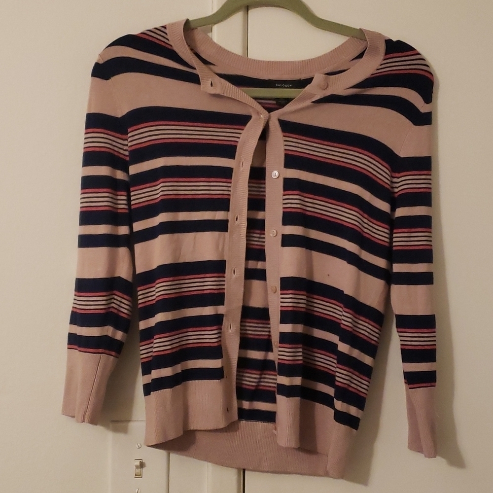 NWT Halogen Striped Knit Cardigan Pink Navy Button Front - Picture 3 of 6